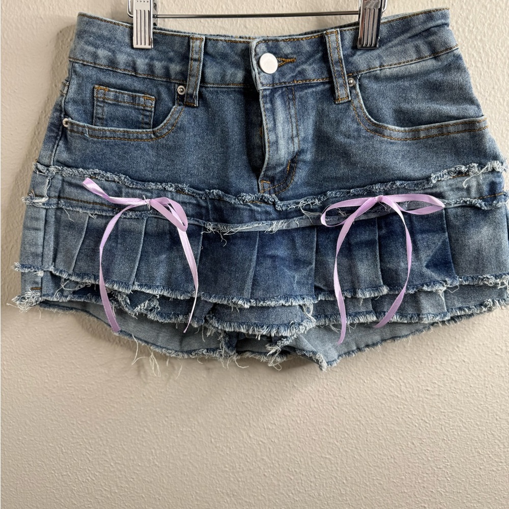 SHEIN Denim Ruffle Bike Shorts with Lilac Ribbon Detail